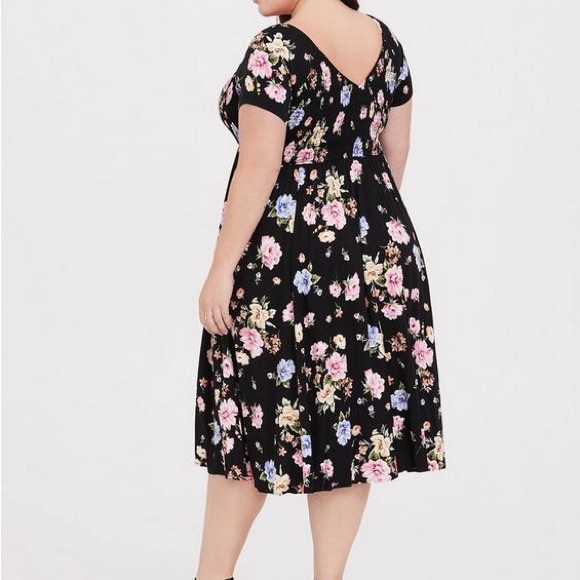 Midi Challis Smocked Floral Black Dress - Picture 3 of 4